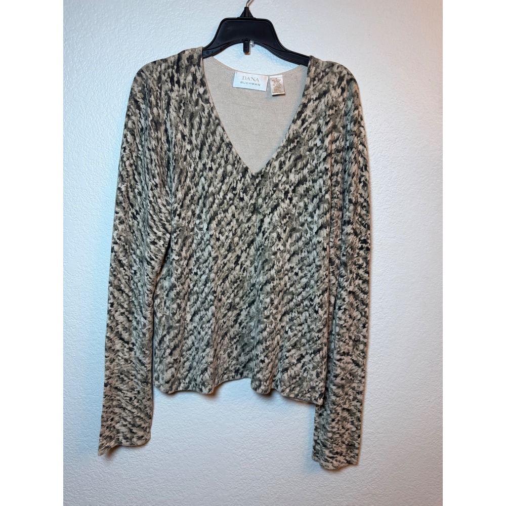 Dana Buchman Womens Tan Grey Abstract Print V-Neck Long Sleeve Top Medium